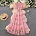 Women's Pink Lace Dress High Waisted Cake Skirt Long Elegant Korean Style French Sweet Summer Dress_ecoleips.com