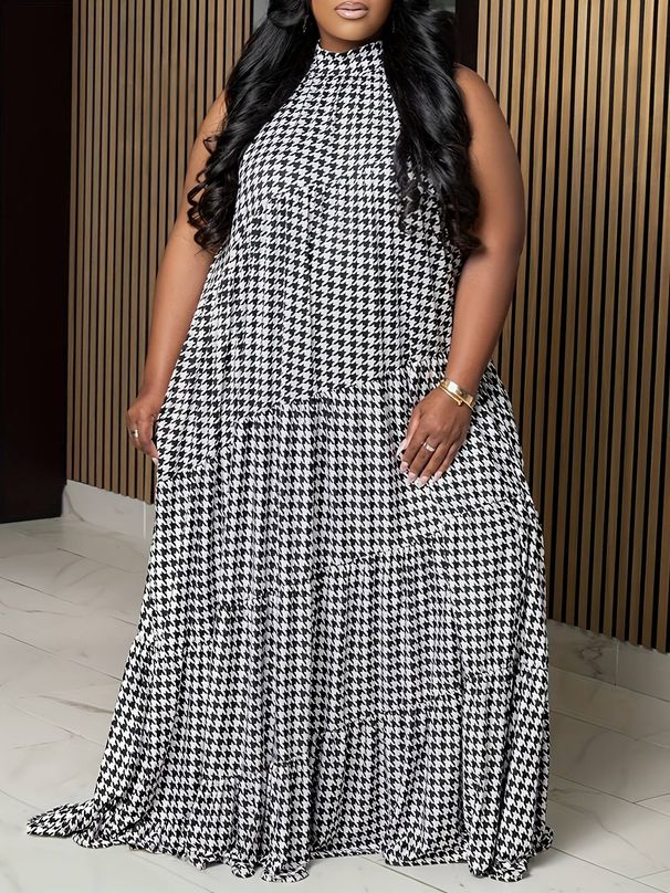 Plus-size Casual Dress For Women, A-line Dress With Wide Skirt And Halter Neck Tie - With Pockets_ecoleips.com