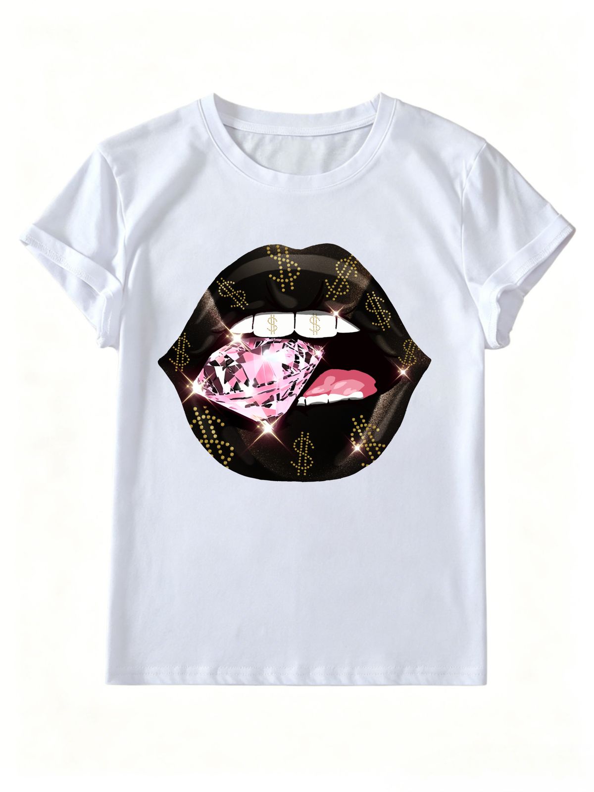 Women Y2K Hip Hop Black Lips Pink Diamond Dollar Sign Graphic T Shirt Round Neck Short Sleeve Loose Streetwear Summer Tops_ecoleips.com