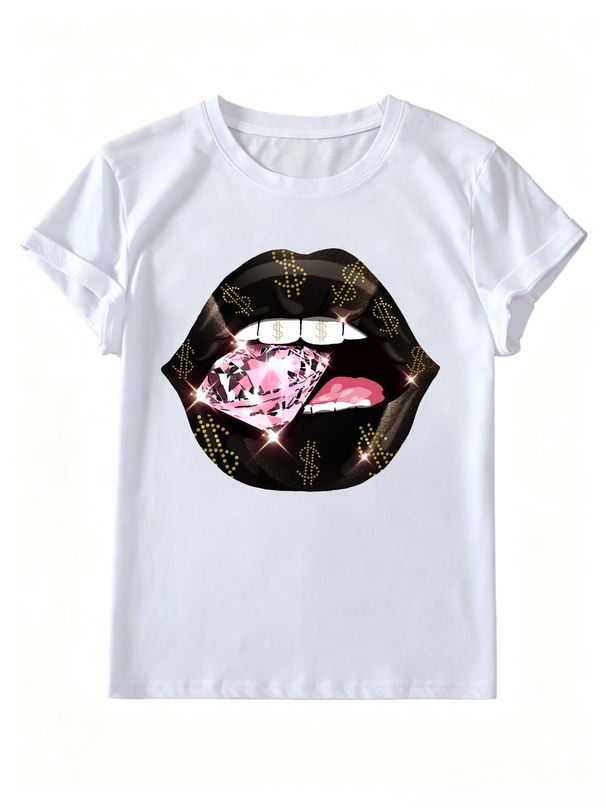 Women Y2K Hip Hop Black Lips Pink Diamond Dollar Sign Graphic T Shirt Round Neck Short Sleeve Loose Streetwear Summer Tops_ecoleips.com