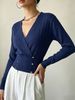 Women Lightweight Breathable Wrap V Neck Knit Top Long Sleeve Gold Button Slim Cropped Knit Blouse_ecoleips.com