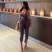 Women's Slim Fit Sports Commuter Jumpsuit V Neck Tie Up European American Style Trendy Solid Color_ecoleips.com