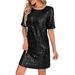 Women's round Neck Sequined Dress OM10245 European American Style Cross Border Foreign Trade Waist Cinching Short Sleeve Sparkling Dress_ecoleips.com