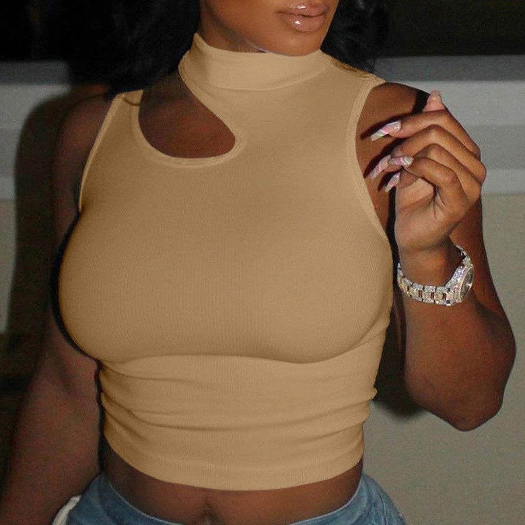 Women's Clothing Green Solid Color High Waist Stitching Pullover Navel Exposed Round Neck Slim Fit Small Short Vest_ecoleips.com