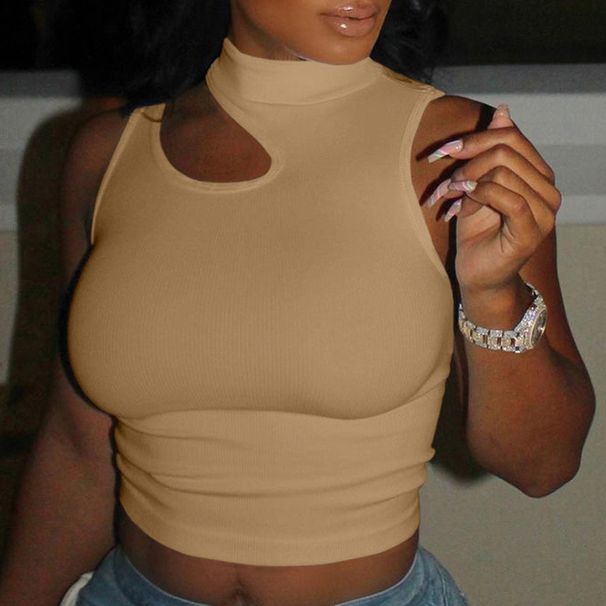 Women's Clothing Green Solid Color High Waist Stitching Pullover Navel Exposed Round Neck Slim Fit Small Short Vest_ecoleips.com