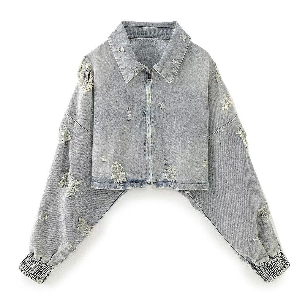 Women's Distressed Cropped Denim Jacket, Vintage Washed Zip Up Oversized Long Sleeve Jean Coat, Casual Streetwear Daily Outerwear With Frayed Details_ecoleips.com
