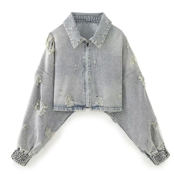 Women's Distressed Cropped Denim Jacket, Vintage Washed Zip Up Oversized Long Sleeve Jean Coat, Casual Streetwear Daily Outerwear With Frayed Details_ecoleips.com