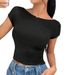 Voya 2026 Summer European And American Sexy Spicy Girl Style Solid Color T-shirt Women's One Word Neck Bareback Slim Short Sleeve T-shirt_ecoleips.com