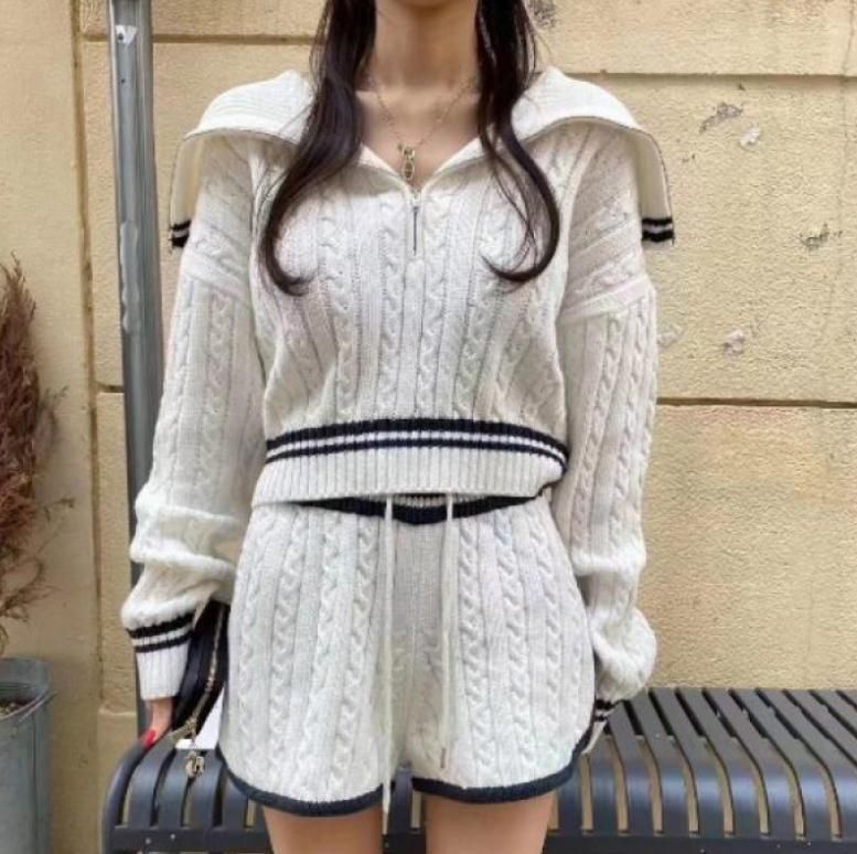 "Women's Wool Knit Sweater & Shorts Set - Winter Warm Two-Piece Outfit With Zipper, Soft & Stylish (White, Pink, Navy Blue, One Size)"_ecoleips.com