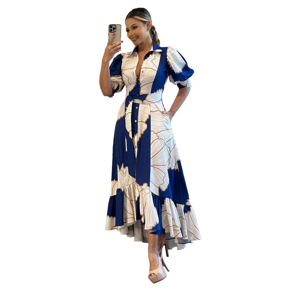 Women's Clothing Irregular High Waist Temperament Shirt Style Cardigan Printed Long Skirt Dress_ecoleips.com