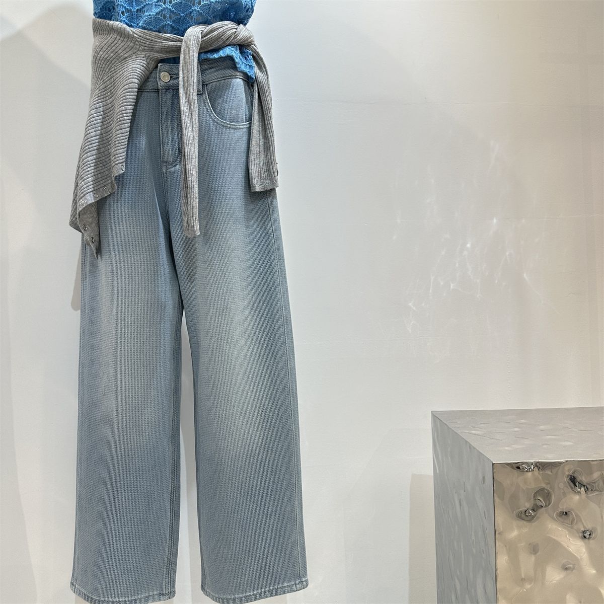 Waffle Texture Soft Tencel Cotton Jeans Women, Slimming And Versatile, Narrow Fit, Light Blue, Floor-length Straight_ecoleips.com