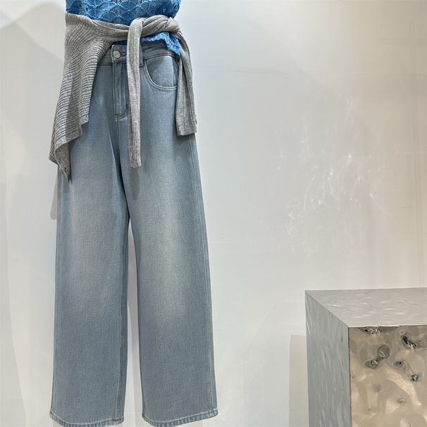 Waffle Texture Soft Tencel Cotton Jeans Women, Slimming And Versatile, Narrow Fit, Light Blue, Floor-length Straight_ecoleips.com