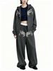 Women's European American Style Hooded Zip up Sweatshirt Set Trendy Brand Patterned Print Loose Wide Leg Pants Two Piece Set_ecoleips.com