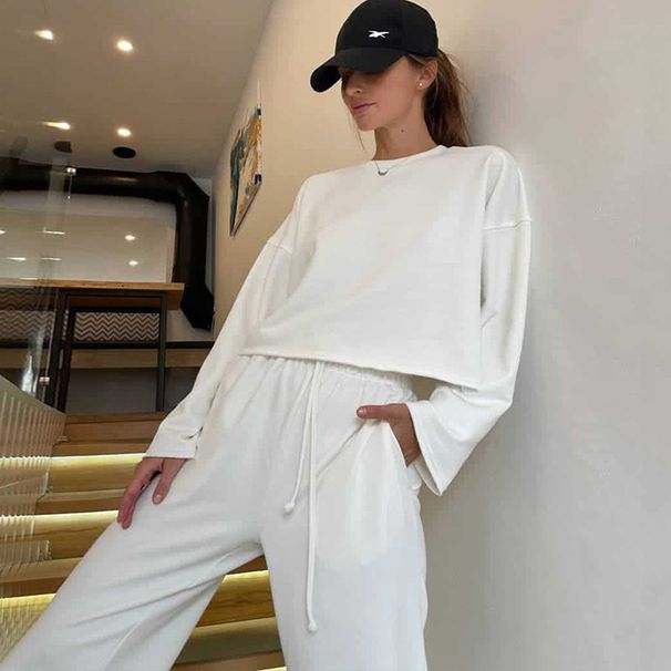 Loose Spring And Summer Casual Women's Suit Solid Color Crew Neck Sweater Fashionable Elastic Pants Two-piece Set_ecoleips.com