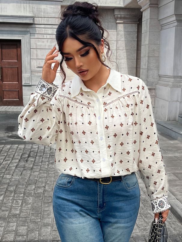 Elegant Women's Blouse With Floral Print & Lace Cutout Design, Polo Collar, Relaxed Fit, Breathable Knit Fabric, Plus Size Options (1XL-4XL)_ecoleips.com