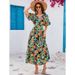 Cross-border Real-shot Rayon Printed Ruffle Batwing Sleeve V-neck Waist-cinching Bohemian Dress_ecoleips.com