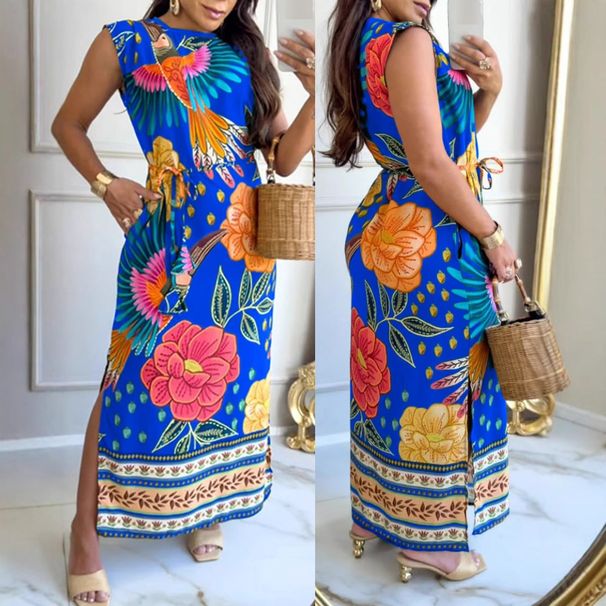 Women's Clothing New Women's Dark Green Animal And Plant Print Sleeveless Slim Side Slit Long Skirt Positioning Belt Required_ecoleips.com