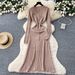 Parisian-Inspired Knit Midi Dress – Metallic Button Waist-Defining Elegance (Pink/Taupe/Black/Green/Burgundy/Purple/Coffee, Stretch Blend)_ecoleips.com