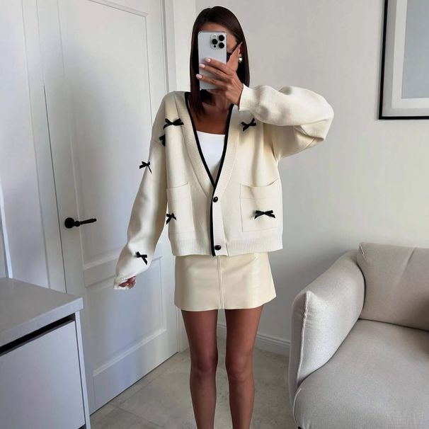 Women's Clothing Knit Cardigan V Neck Elegant White Bow-Knot Knit Cardigan For Women - V-Neck Long Sleeve Casual Blouse With Contrast Trim_ecoleips.com