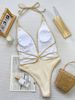 Women's Clothing Style Bikini White And Brown Color Blocking Hollowed Out Strappy One Piece Swimsuit For Women_ecoleips.com