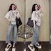 Fashionable Women's Two-Piece Set Cartoon Bear Print Wide Leg Pants Casual Summer Outfit Short Sleeve Top And Bottoms Ensemble_ecoleips.com
