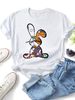 Women Patchwork Floral Graffiti Rabbit KRPBRAND Letter Graphic T Shirt Round Neck Short Sleeve Loose Streetwear Summer Tops_ecoleips.com