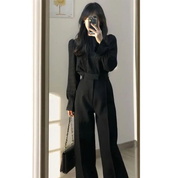 Early Autumn Outfit For Women 2026 New Style Cool Chic Black Shirt And Suit Pants High-end Fashion Two-piece Set_ecoleips.com