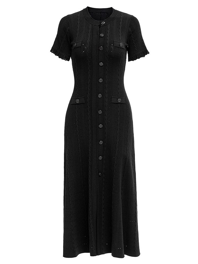 French Style Women's Long Dress Export Quality Light Luxury Knitted Round Neck Design With Ruffled Skirt Hollowed Out Detail_ecoleips.com