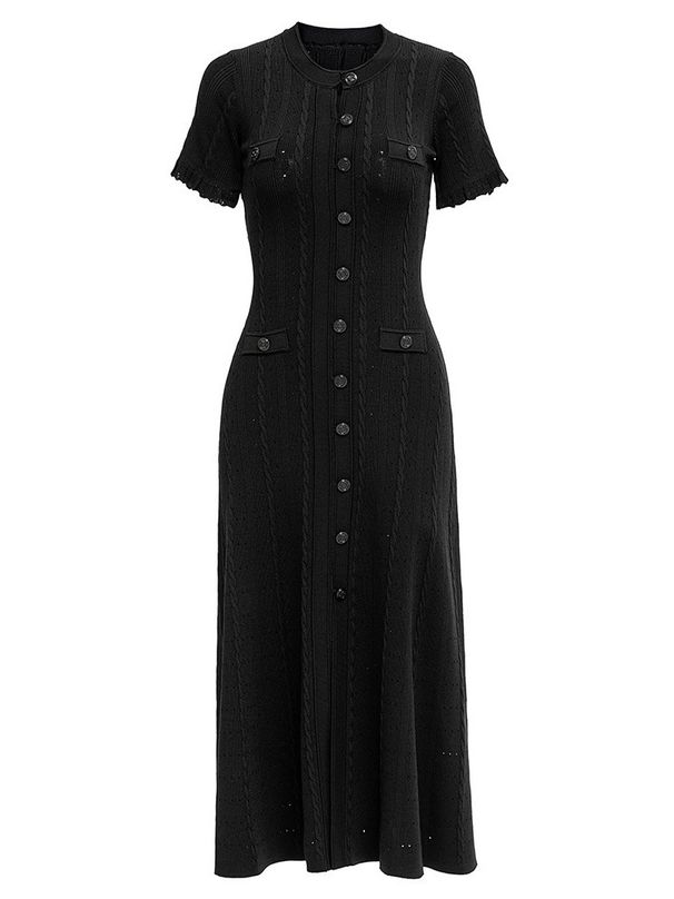 French Style Women's Long Dress Export Quality Light Luxury Knitted Round Neck Design With Ruffled Skirt Hollowed Out Detail_ecoleips.com