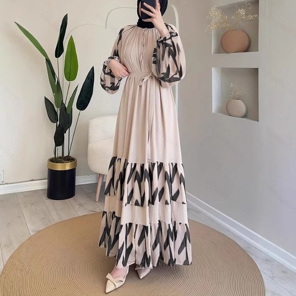 Women's Clothing Middle Eastern Robe Women's Striped Long Skirt Fashion With Belt Dress_ecoleips.com