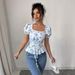 Women’s Clothing French Print Square Collar Puff Sleeve Waist Drawstring Shirt Short Top Floral_ecoleips.com