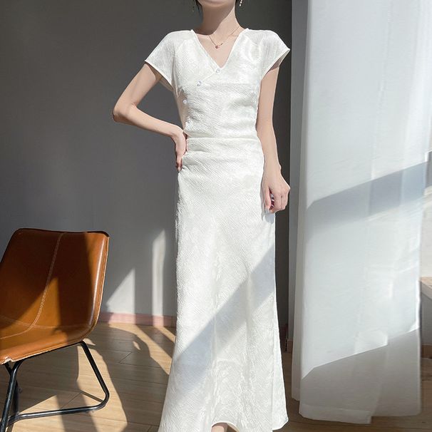New Chinese-style Women's Clothing, National-style Satin Cheongsam V-neck Dress, Summer 2025 New Model, Slimming And_ecoleips.com