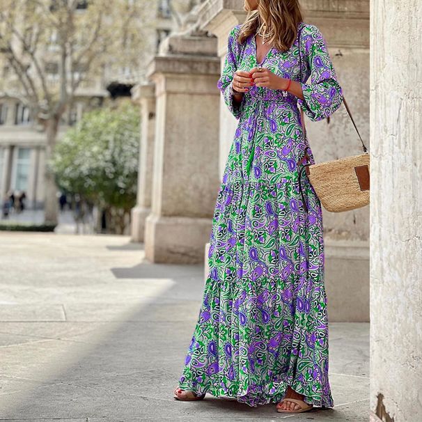 In-stock Cross-border Women's Clothing 2025 Autumn New Fashion V-neck Long-sleeve Mid-length Bohemian Dress_ecoleips.com