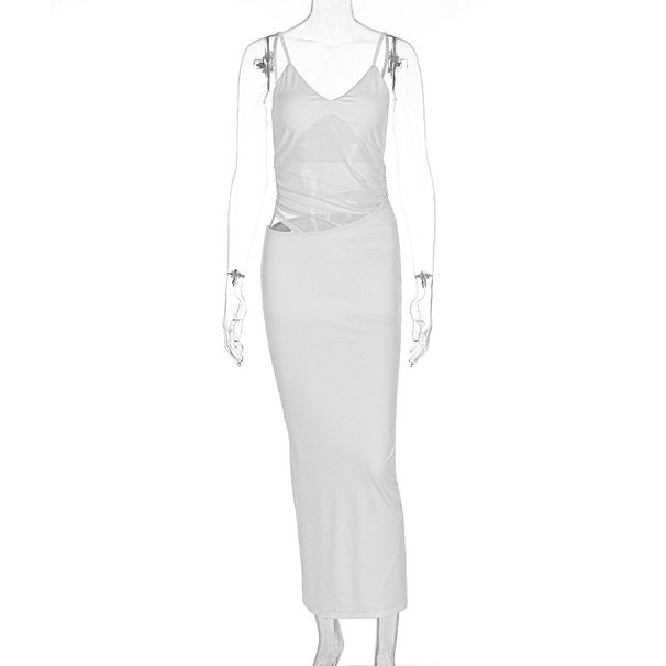 New Arrival Summer Women Dress Sexy Patchwork Mesh Backless Spaghetti Strap Slim Fitted Bodycon Party Dress_ecoleips.com