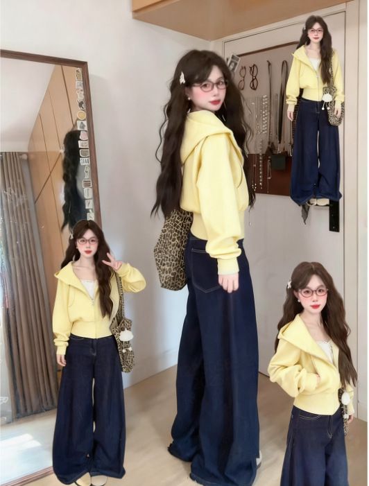 Yellow Short Hooded Sweatshirt Jacket For Women, New Winter Style, High-end Cardigan, Slim-fit Waist Top, Korean-style_ecoleips.com
