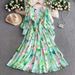 Women's Clothing Elegant Floral Print Chiffon V-Neck Maxi Dress With Lantern Sleeves & High Waist For Women - Summer Vacation & Office Wear (Green)_ecoleips.com