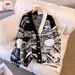 Lazy Jacquard V-Neck Sweater Jacket – Oversized Retro Knit Cardigan With Contrast Color Blocking (One Size Fits Most)_ecoleips.com