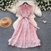 Women's Pink Lace Hollow Out Dress Short Sleeved High Waisted A-Line Skirt Elegant Slimming Commute Summer Dress_ecoleips.com