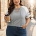 Summer Plus Size Women's Short Sleeved V-neck Tied Rope Splicing Contrasting Sleeve Top T-shirt For Women_ecoleips.com