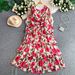 Women's French Romantic Style Floral Print Dress round Neck Long Sleeve Slimming Elegant Fairy Chiffon Summer Cake Long Dress_ecoleips.com