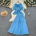 Women's Clothing Round Neck Hollow Hook Lace Top High Waist Large Swing Pleated Skirt_ecoleips.com