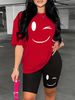 Summer Women's Casual And Fashionable Smiling Face Printed Loose T-shirt+shorts Two-piece Sportswear Suitable For Daily Wear-112_ecoleips.com
