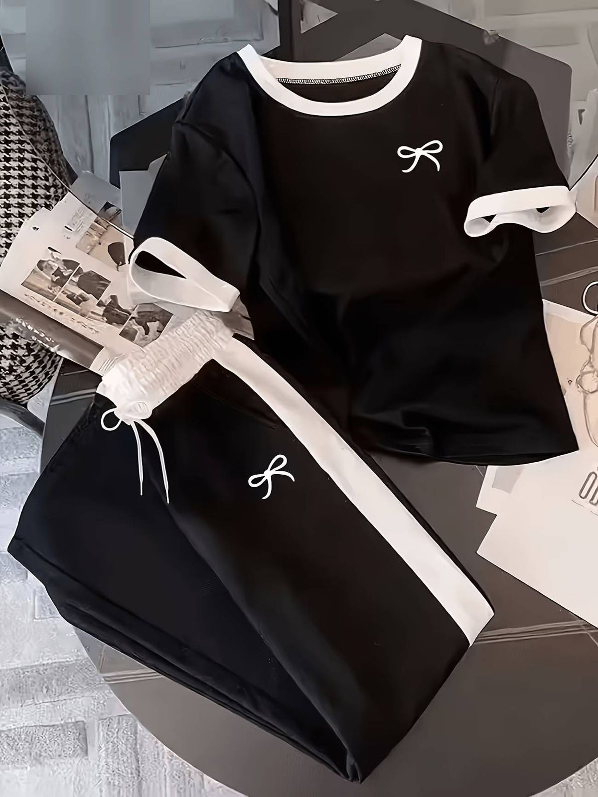 Women's Clothing Women's Summer Bow Print Two Piece Set Crew Neck Short Sleeve Loose Pants Comfortable Casual Outfit_ecoleips.com