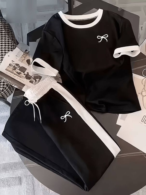 Women's Clothing Women's Summer Bow Print Two Piece Set Crew Neck Short Sleeve Loose Pants Comfortable Casual Outfit_ecoleips.com
