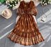 Women's French Retro Red Floral Print Dress Round Neck Three Quarter Sleeve Slimming Waist Full Skirt Ruffles Summer Style_ecoleips.com