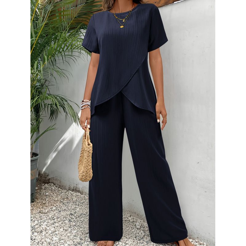 Women's Casual Crossover Plus Size Top With Wide Leg Pants Irregular Summer Two Piece Set Style_ecoleips.com