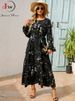 Women Elegant Floral Printed Long Dresses Spring Summer Casual O Neck Long Sleeve Ladies Chic High Waist A Line Beach Dresses_ecoleips.com