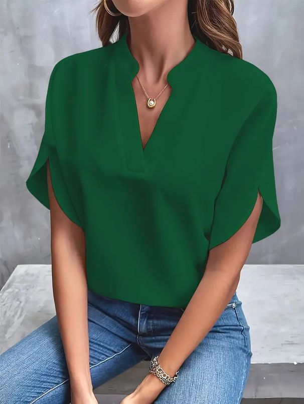 Women's Summer Casual V Neck Loose Shirt Tops Solid Color_ecoleips.com