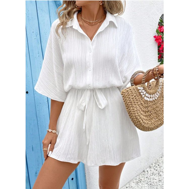 Women's Loose Casual Fashion White Shirt Jumpsuit Shorts New Arrivals_ecoleips.com
