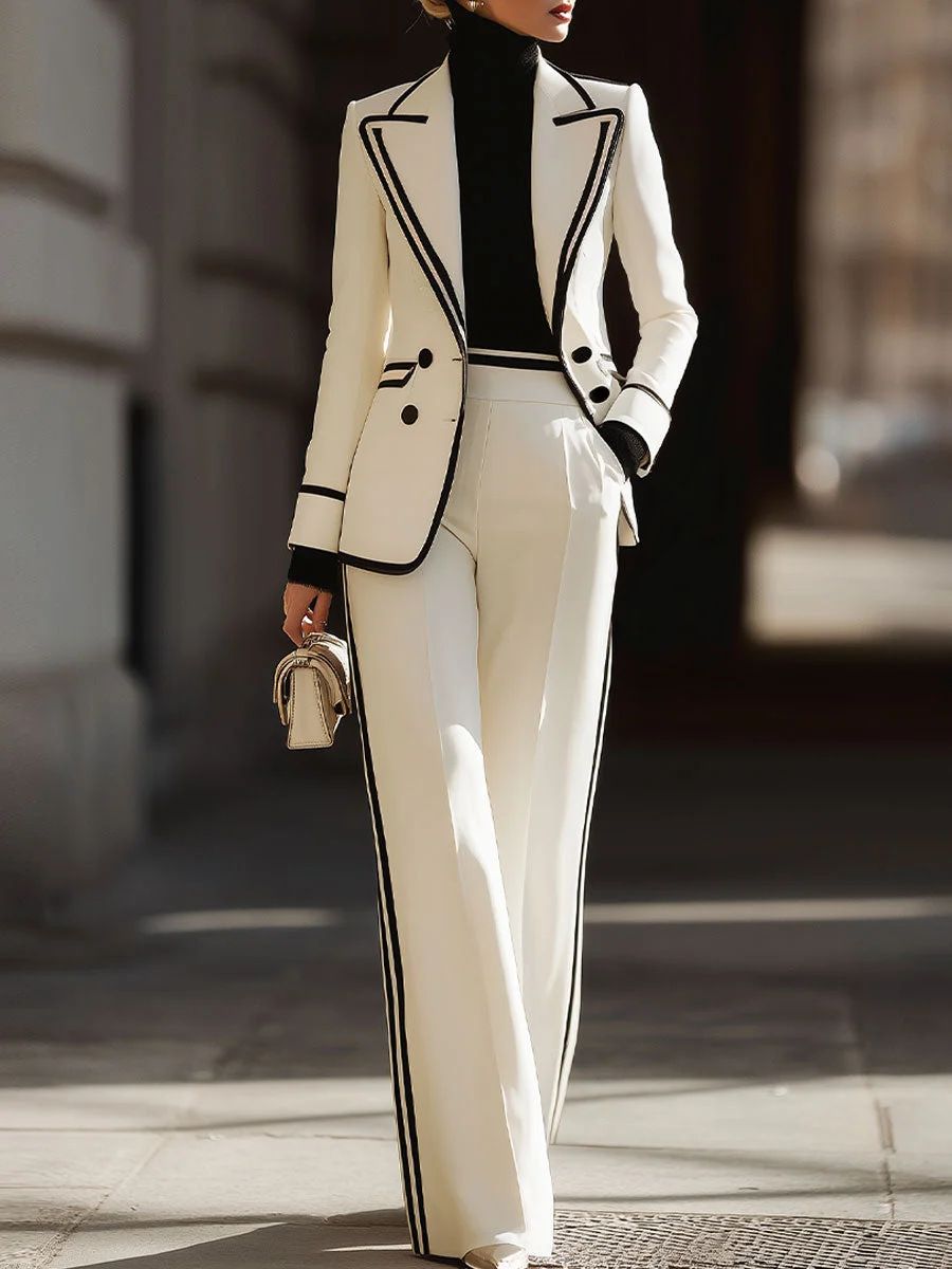 Women's Long Sleeved Lapel Double Breasted Suit Set With Casual Trousers_ecoleips.com